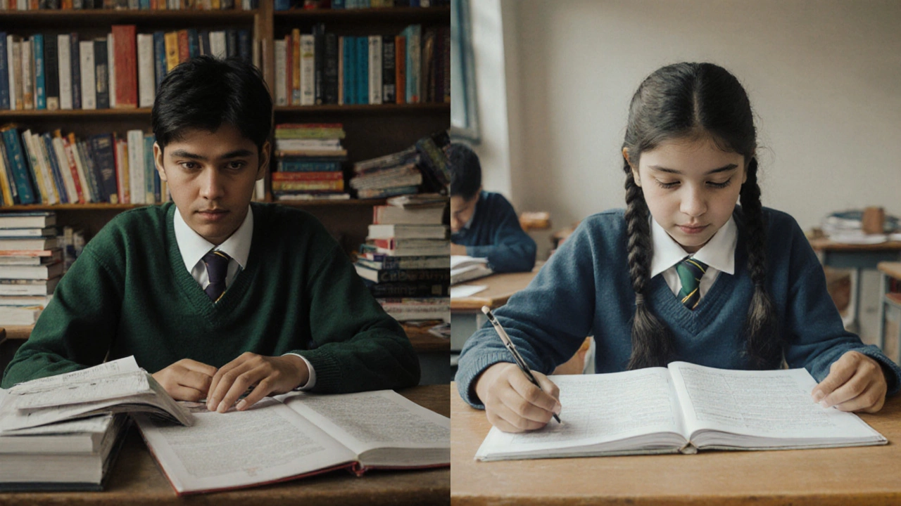 Two students side by side, one with literature books, the other with JEE practice papers.