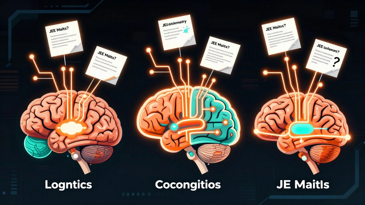 A brain with glowing neural pathways processing JEE Mains questions in real time.