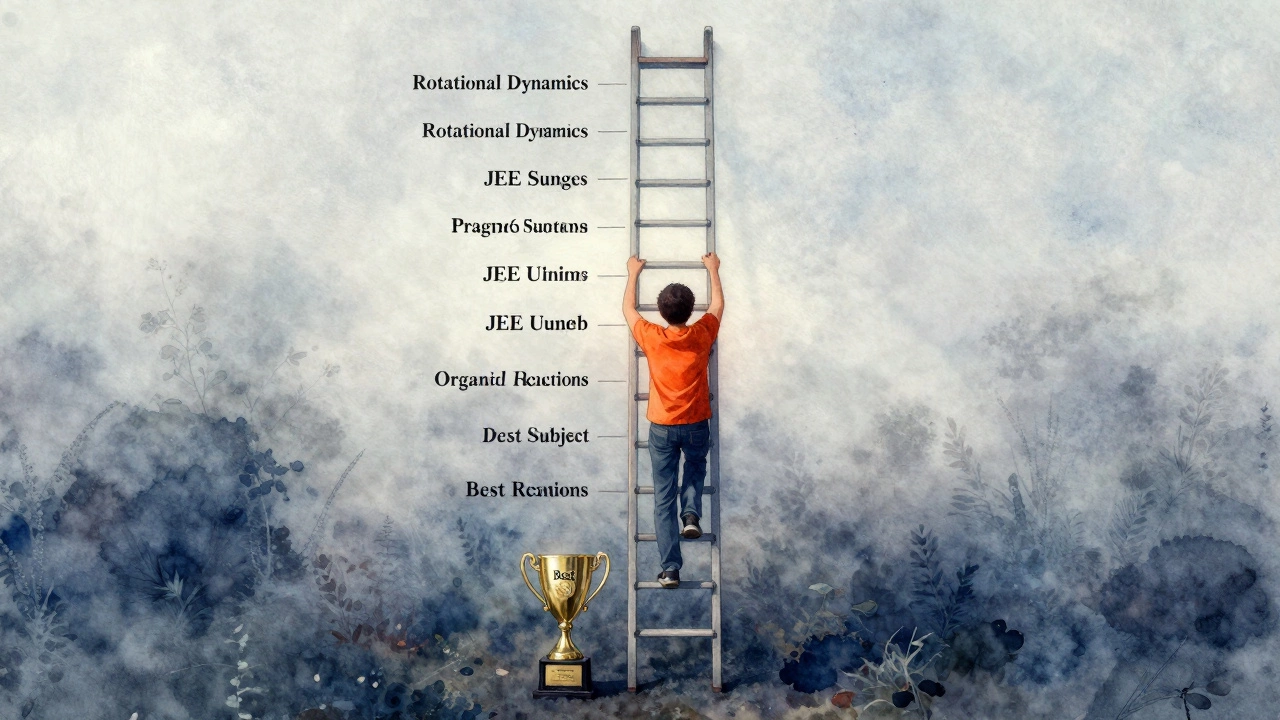 A climber ascending a ladder of JEE topics, ignoring a trophy labeled 'Best Subject' at the bottom.