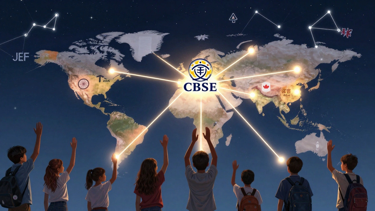 A global network of light connecting CBSE schools across continents, symbolizing education ties between India and the diaspora.