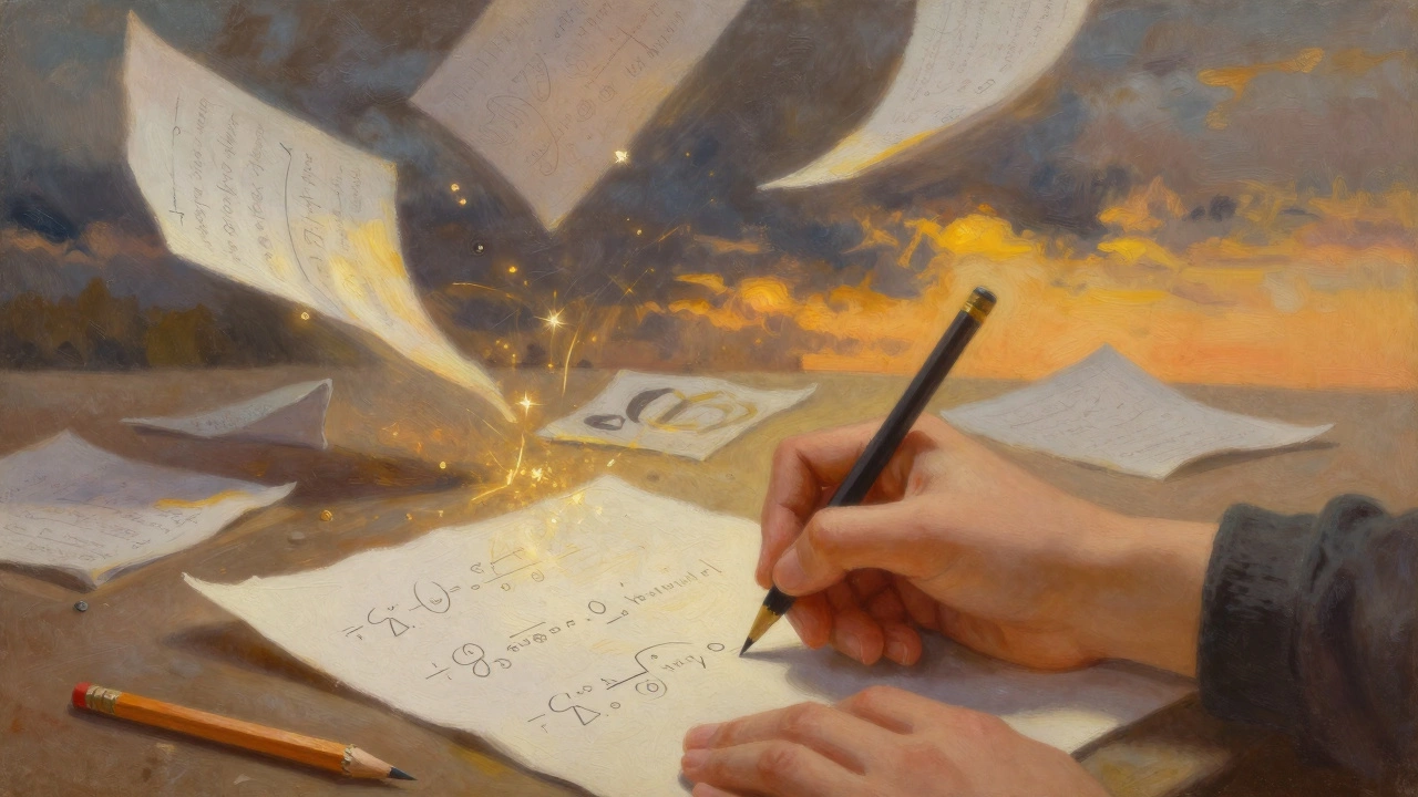 A student's calm hands writing the final answer as chaos of failed attempts fades into light.