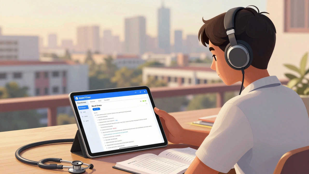 A student in Delhi using a tablet for NEET prep with AI feedback, medical campus visible in the background.