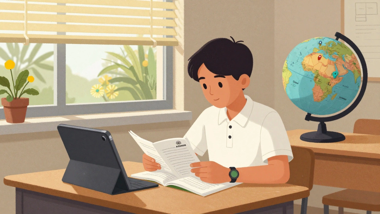 A student in Sydney studying from an NCERT textbook in a CBSE classroom with Australian nature visible through the window.