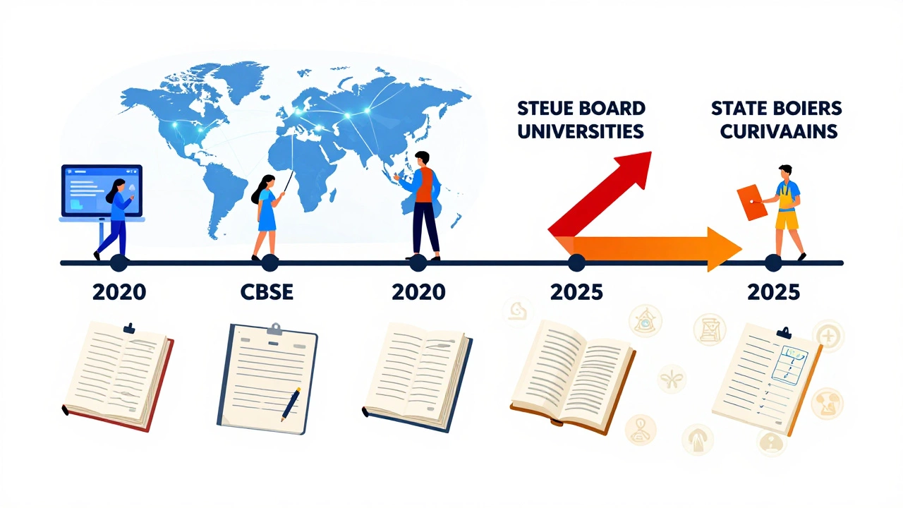 A timeline showing CBSE&#039;s digital evolution versus state boards&#039; static curriculum, with global university connections.