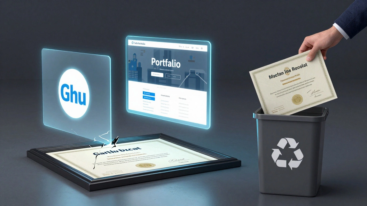 Broken diploma beside glowing digital portfolio and GitHub, showing skills over credentials.