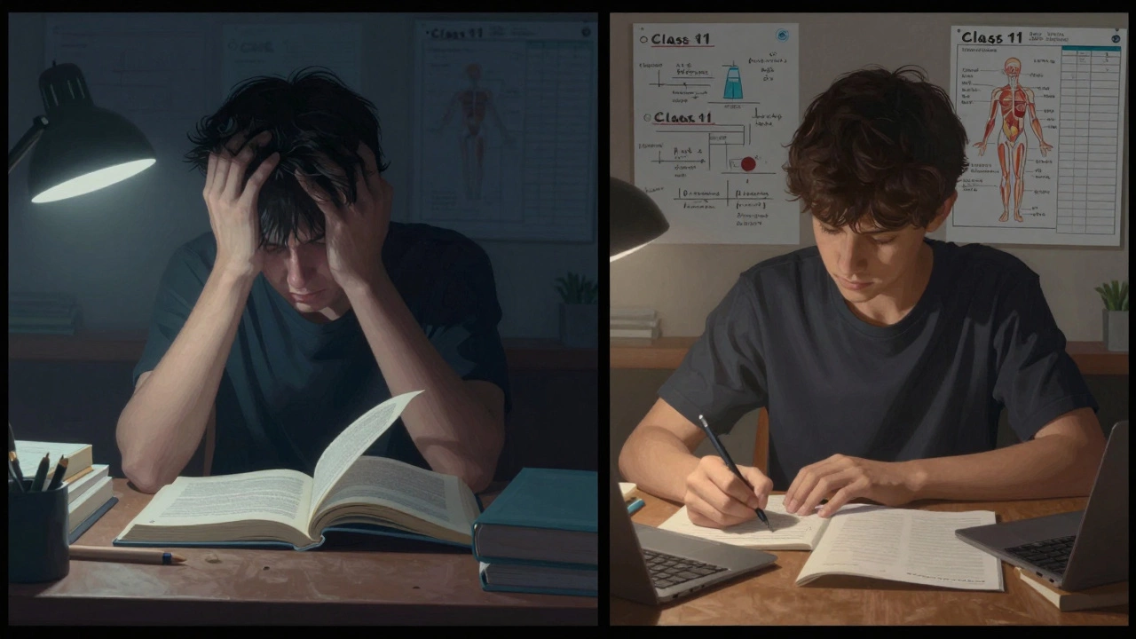 Contrasting scenes of stressed Class 12 student vs calm Class 11 student preparing for NEET.