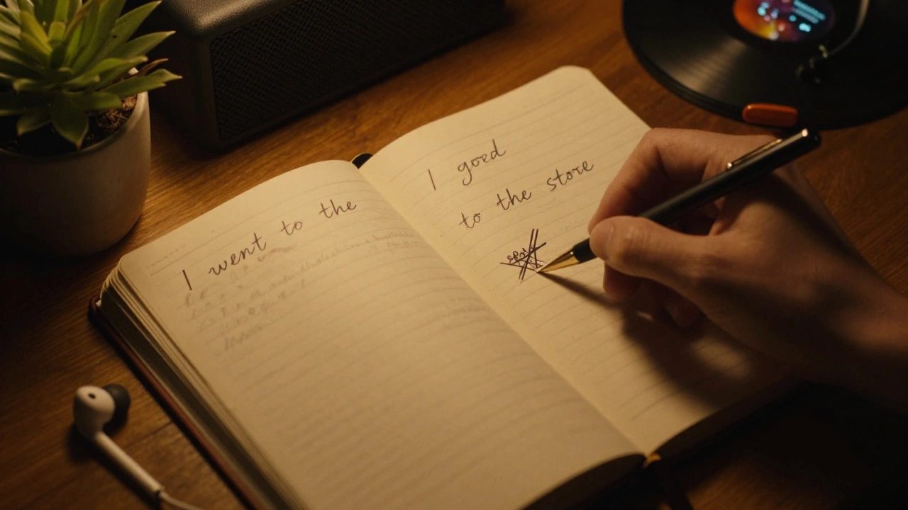 Hand writing corrected English phrases in a journal under lamplight