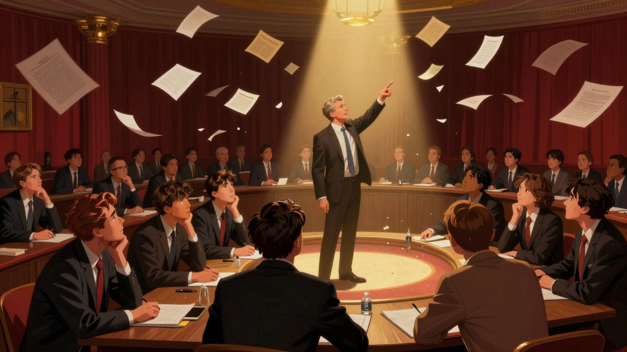 Harvard MBA classroom with a student under pressure during a case discussion.