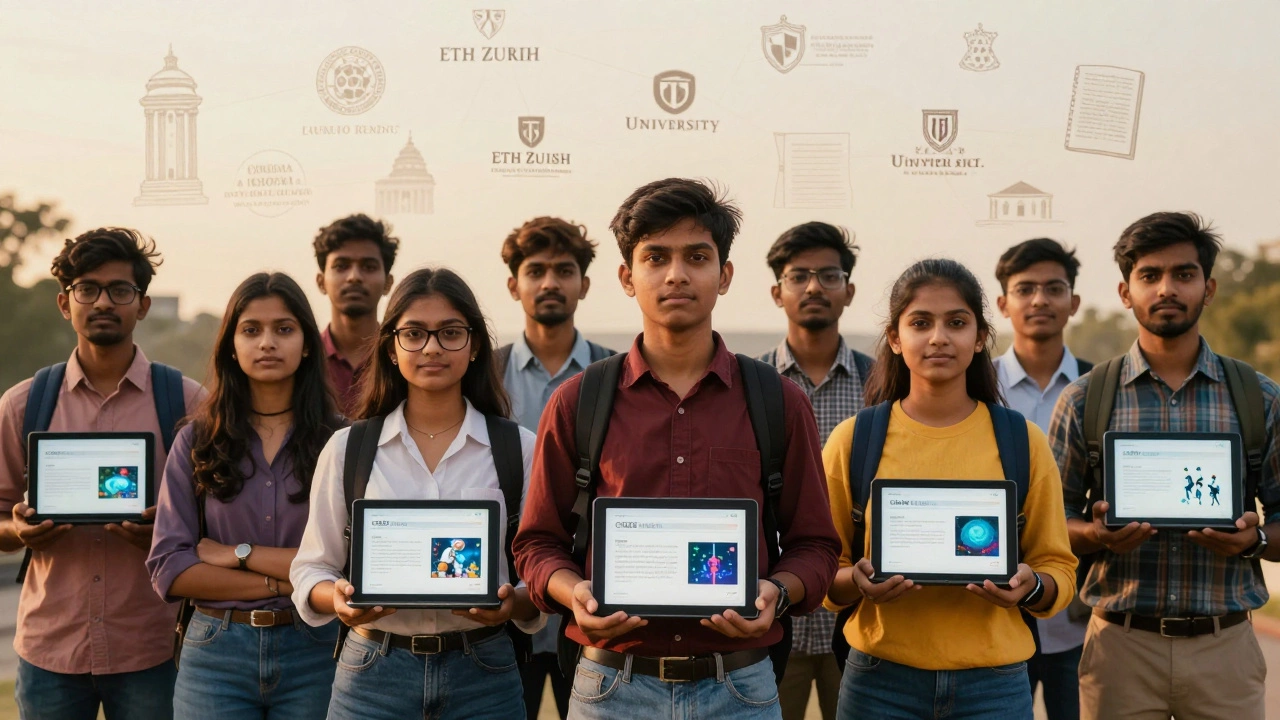 Indian students on a global stage holding tablets with CBSE projects, surrounded by top university logos.