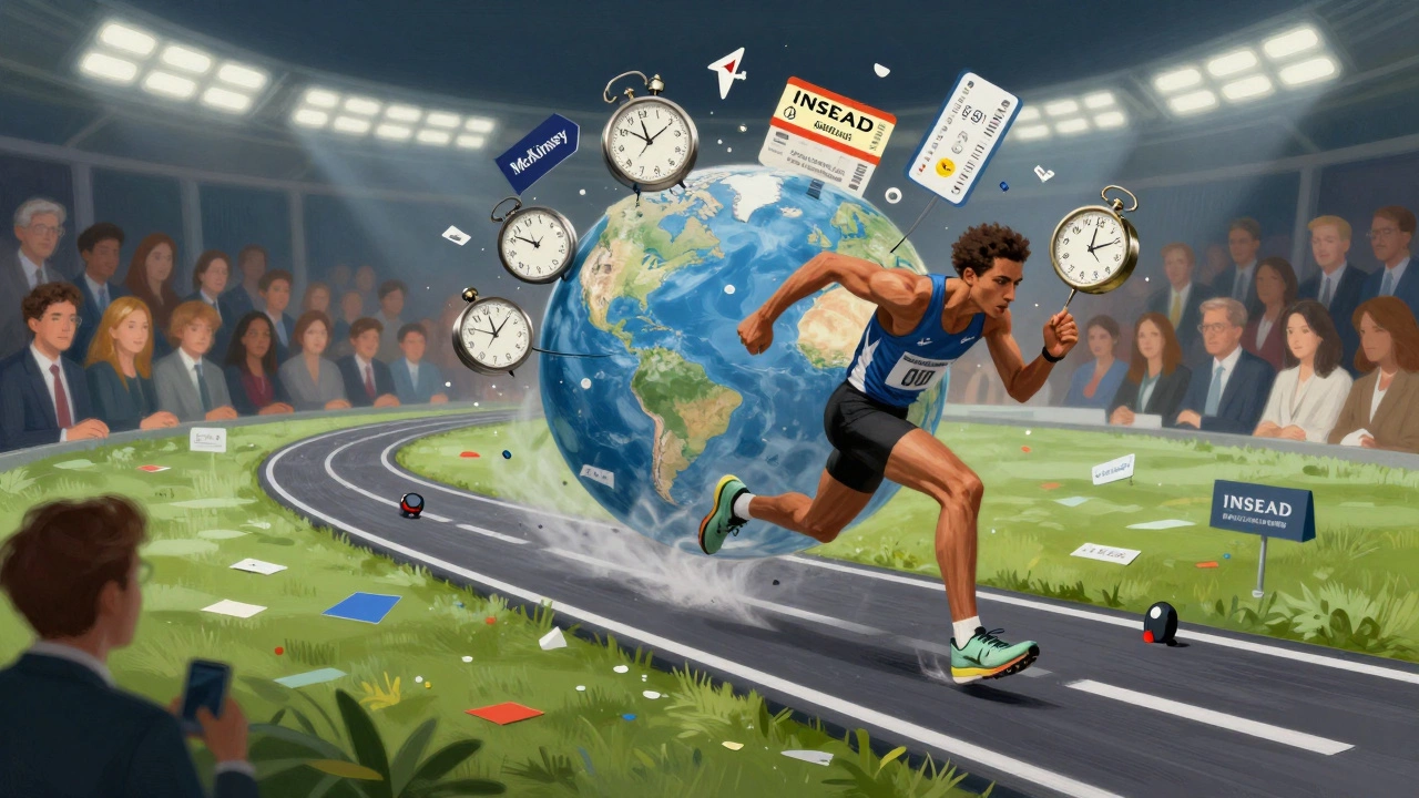 INSEAD MBA student sprinting across a globe juggling time and global opportunities.