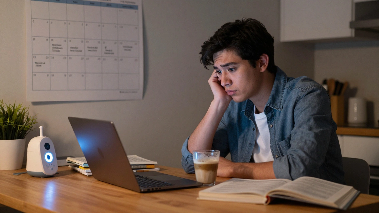 Mid-career student studying late at home with baby monitor