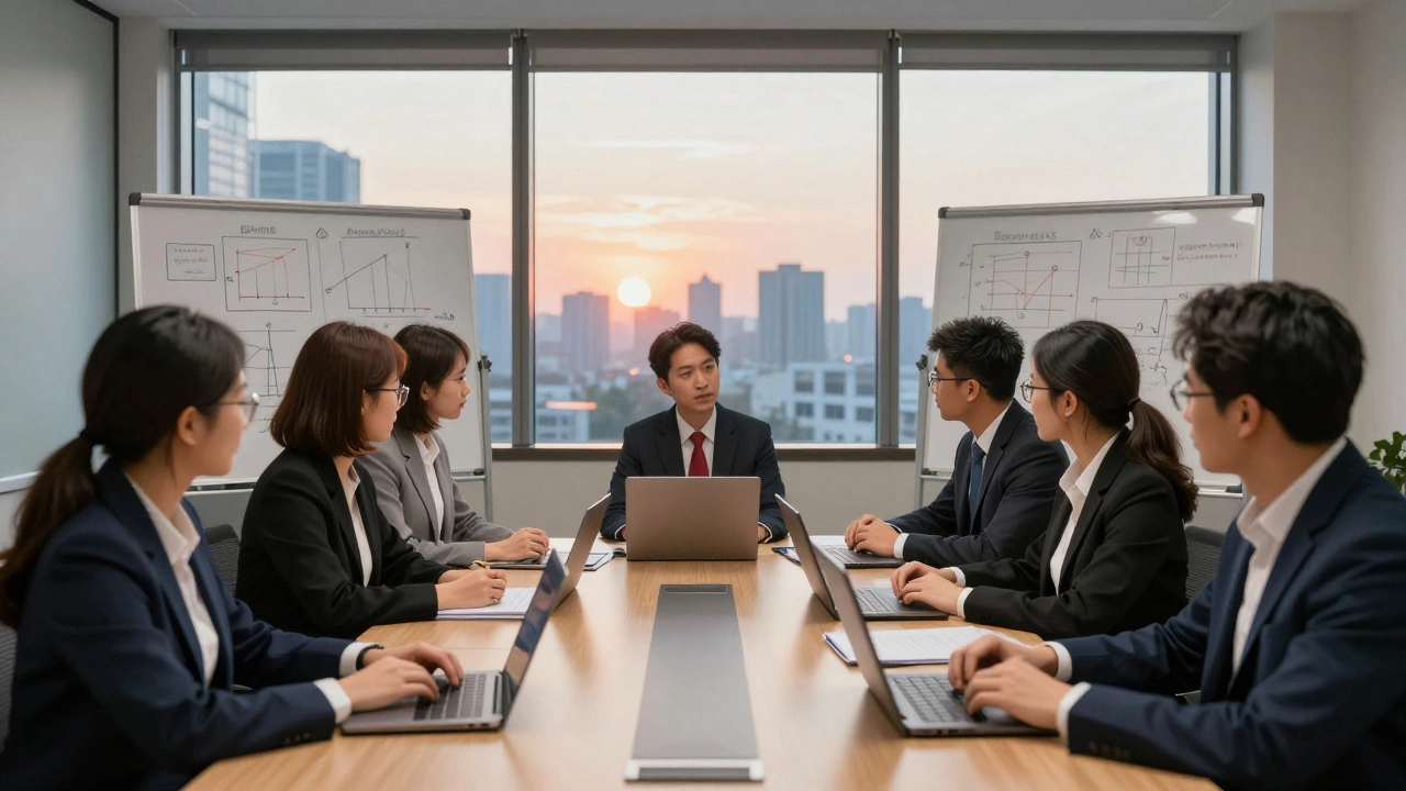 Professionals in weekend EMBA session with strategic whiteboards