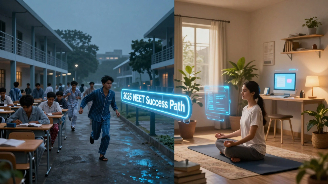 Split scene: disciplined Kota study environment on one side, calm Bangalore tech-enabled learning on the other.