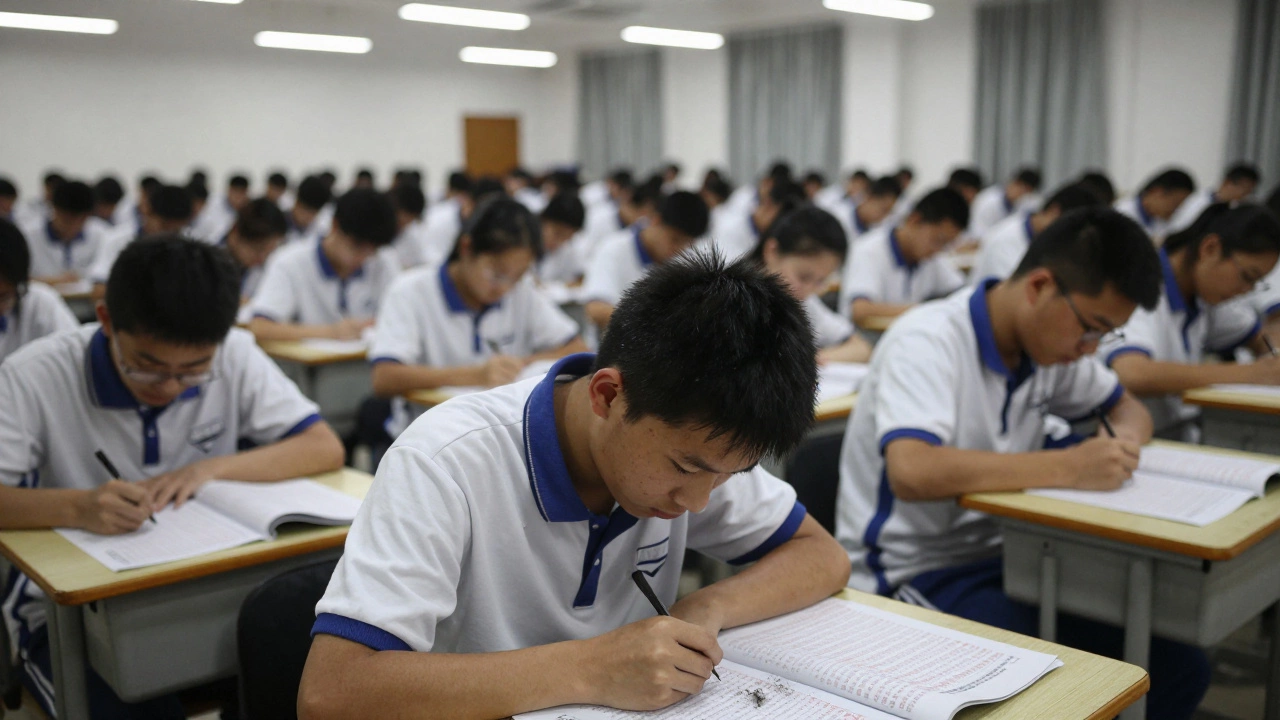 Thousands of students taking a high-stakes exam in a silent, crowded hall.