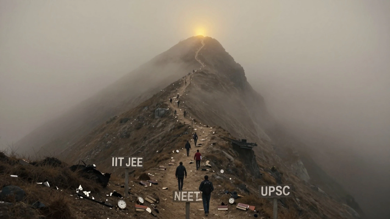 Three difficult exam paths leading up a foggy mountain toward a distant light.