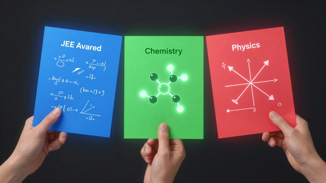 Three hands balancing a split exam paper representing Math, Chemistry, and Physics with glowing elements.