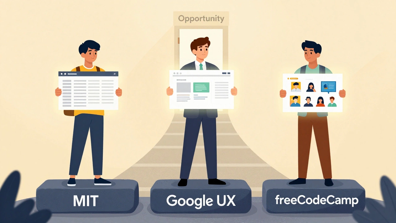 Three learners on stepping stones of free courses, each holding a project toward opportunity.