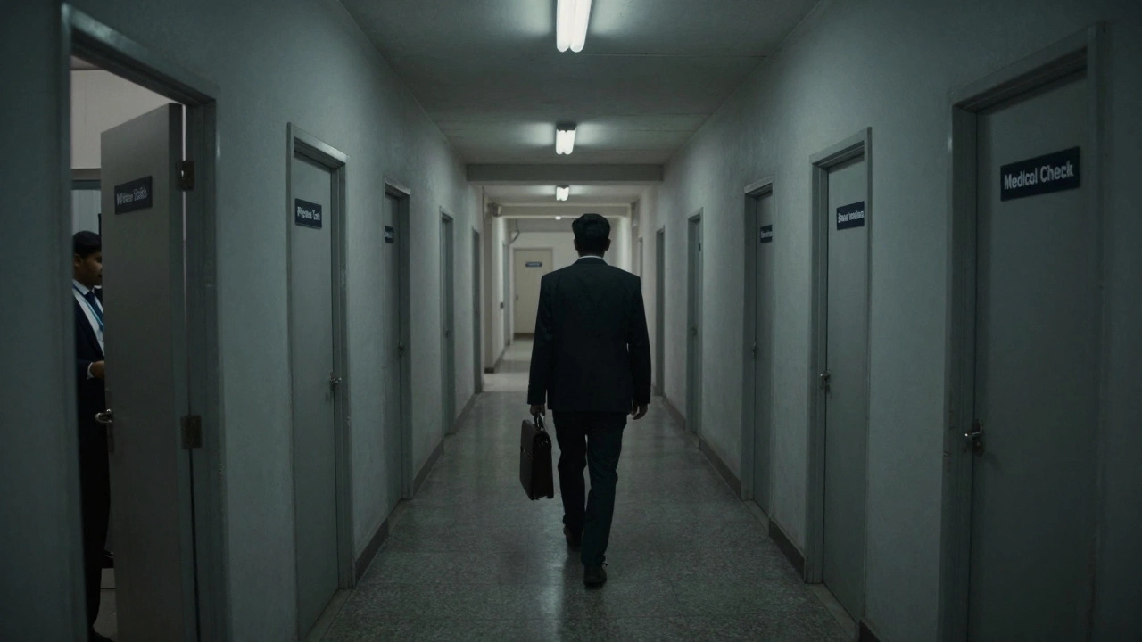 A long corridor with numbered doors representing each step in a government hiring process.