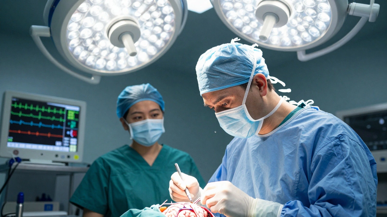 A neurosurgeon performing a precise brain surgery in a hospital operating room.