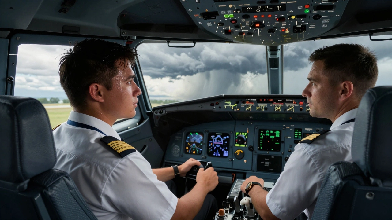 A pilot candidate in a cockpit during a stormy checkride, intensely focused on flight controls.