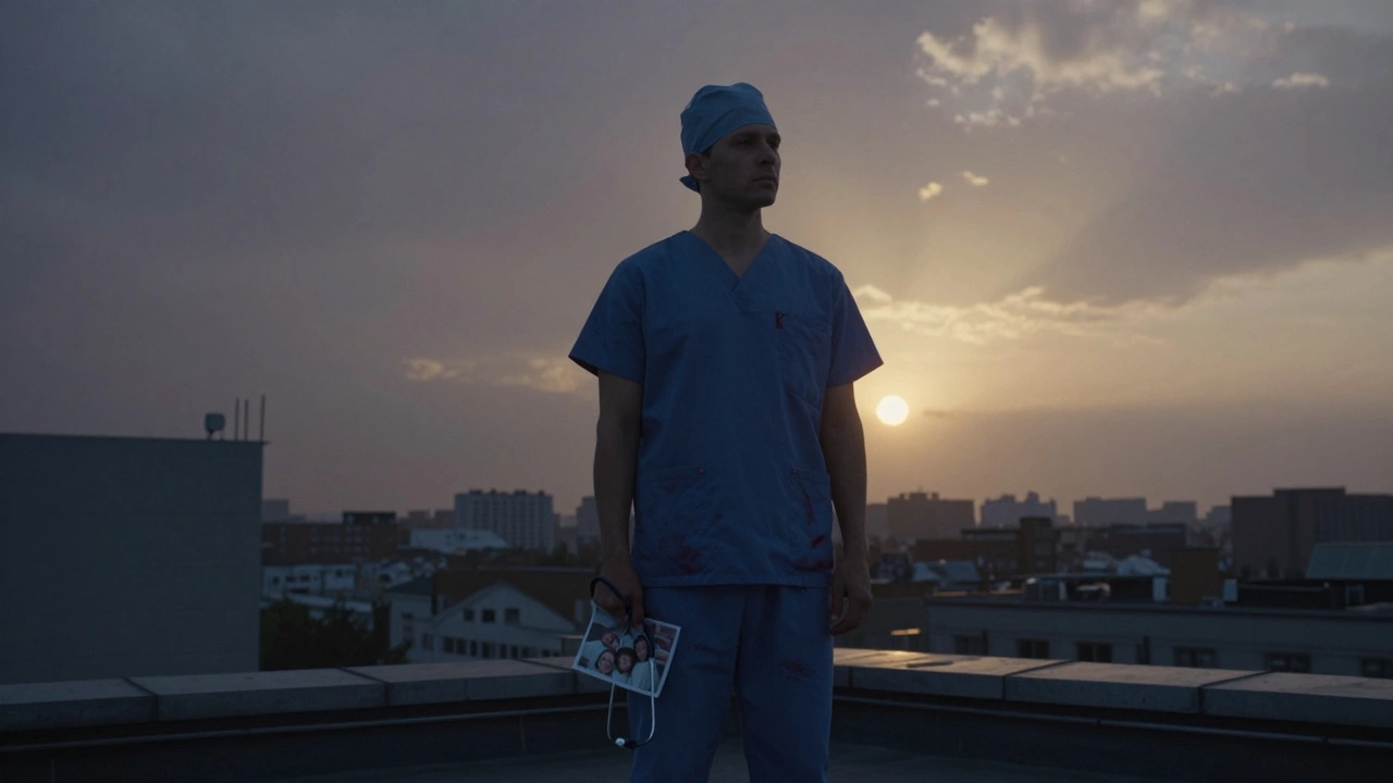 A tired neurosurgeon standing alone on a hospital rooftop at sunrise, holding a photo and stethoscope.