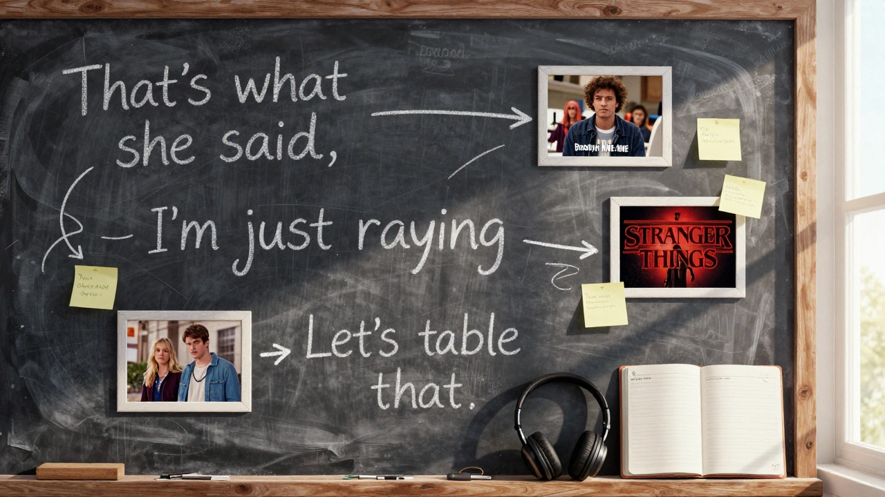 Chalkboard wall covered in phrases from popular English TV series with show stills.