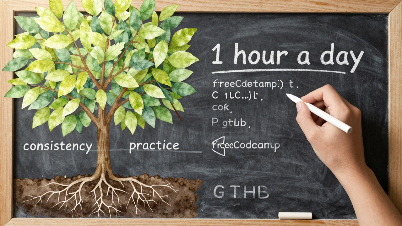 Chalkboard with '1 hour a day' beside a tree whose leaves are made of code snippets.