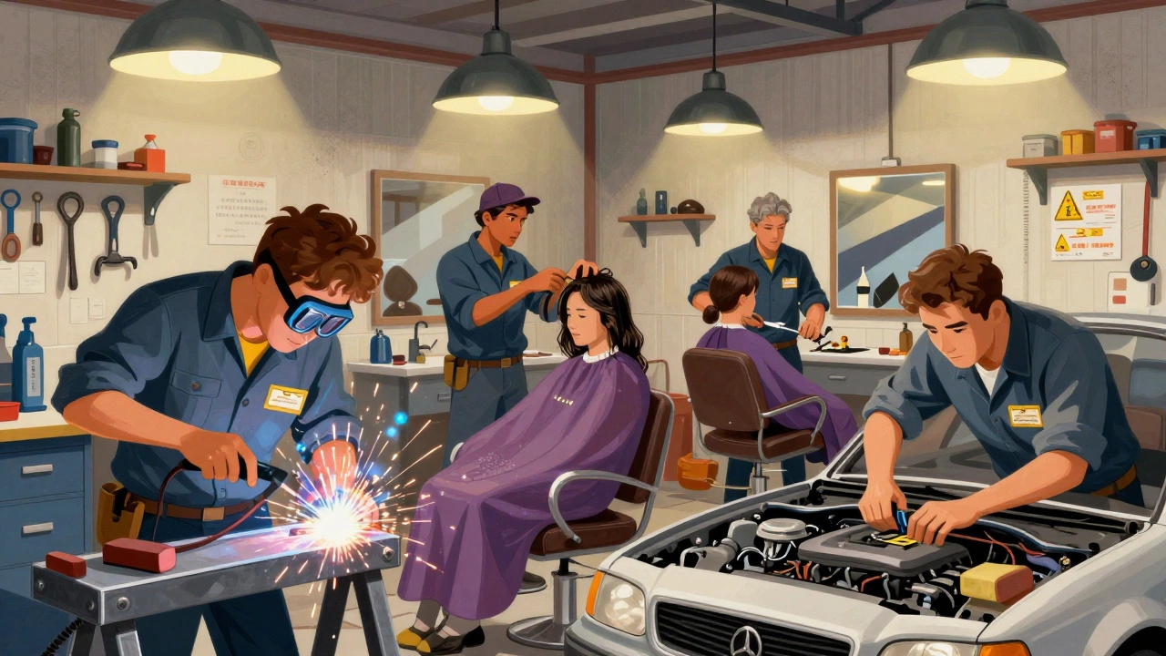 Diverse group of trainees practicing trades: welding, hair cutting, and car repair in a workshop setting.