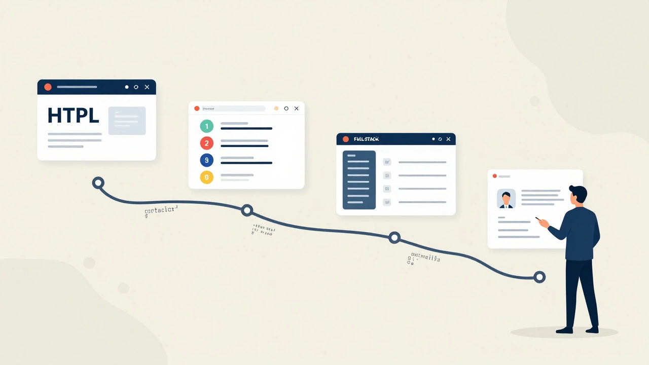 Four-stage visual timeline showing progression from basic webpage to full-stack application.