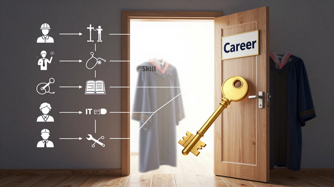 Golden key labeled 'Skill' unlocking a door to careers in trades, with tools replacing academic symbols.