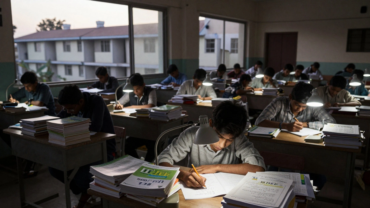 Hundreds of students in a silent study hall in India, preparing for the IIT JEE exam at dawn.