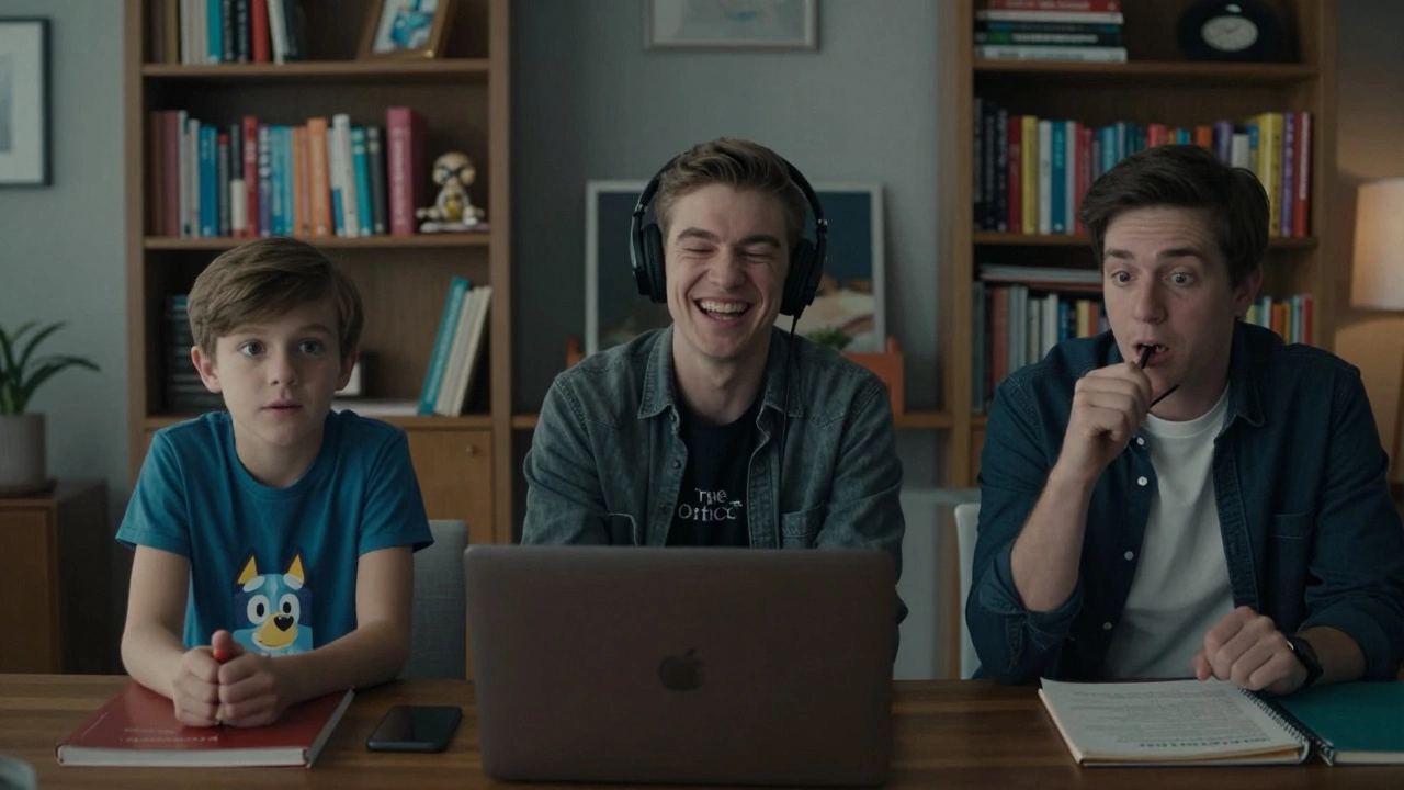 Three learners watching different English TV shows at various proficiency levels.