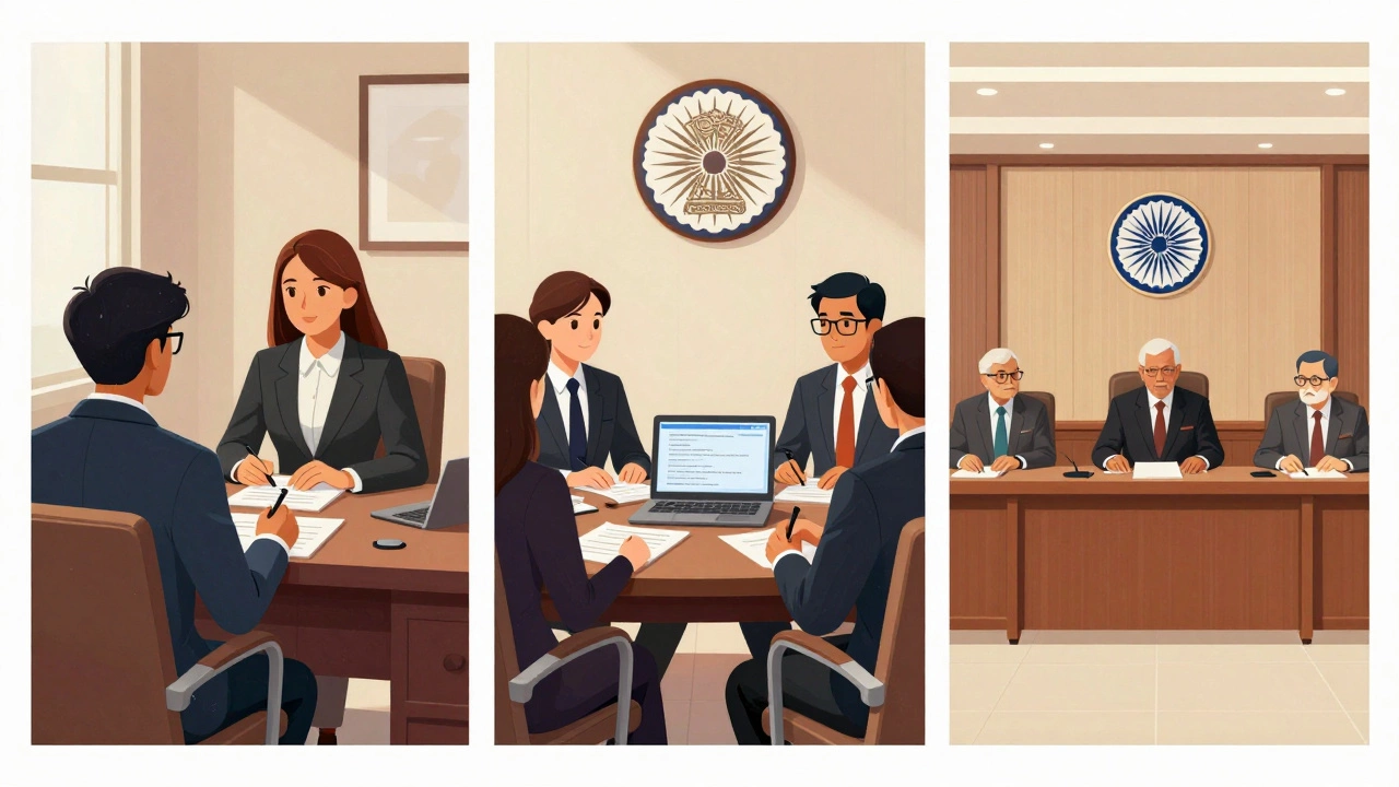 Three stages of government job interviews shown in a stylized panel illustration.