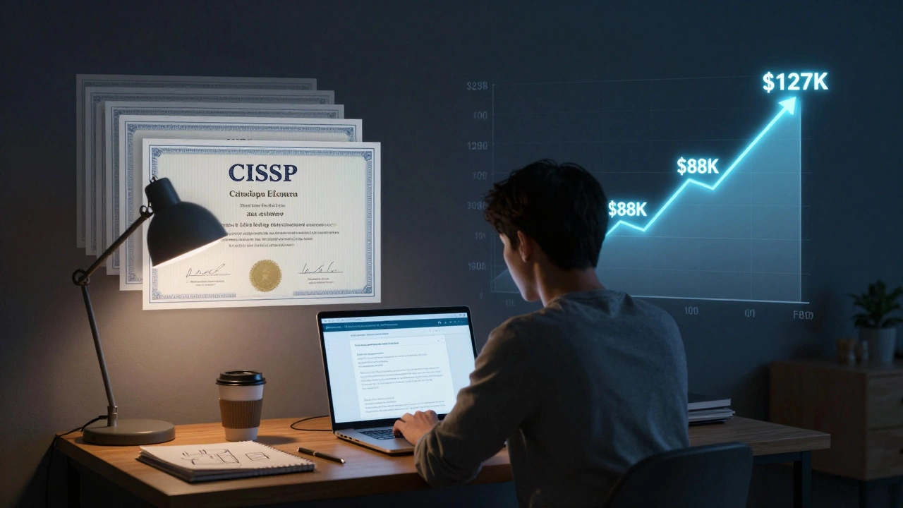 A person studying for CISSP certification at night, with salary increase visualization on laptop screen beside fading free certificates.