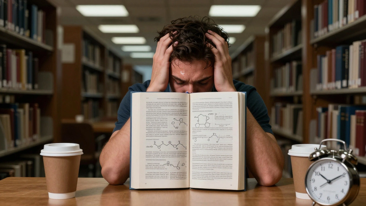 A pre-med student stressed in a library, surrounded by study materials, facing the MCAT exam pressure.