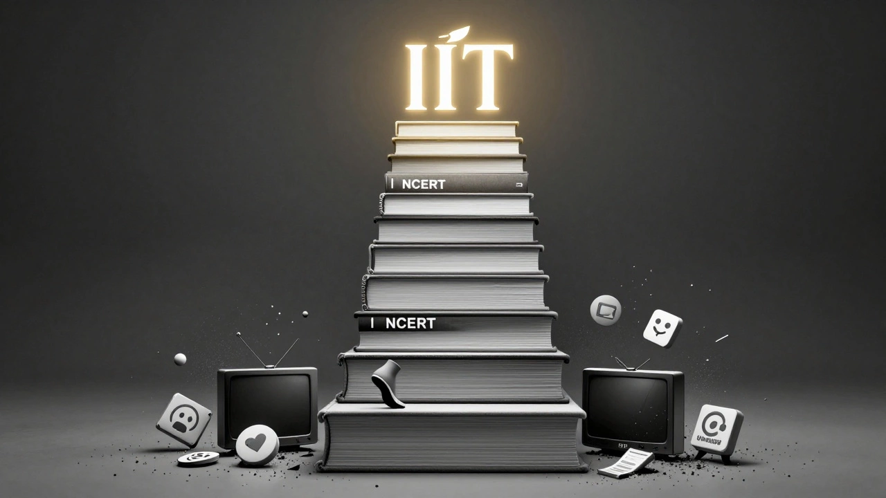 A staircase of books leading to an IIT logo, with distractions crumbling away below.