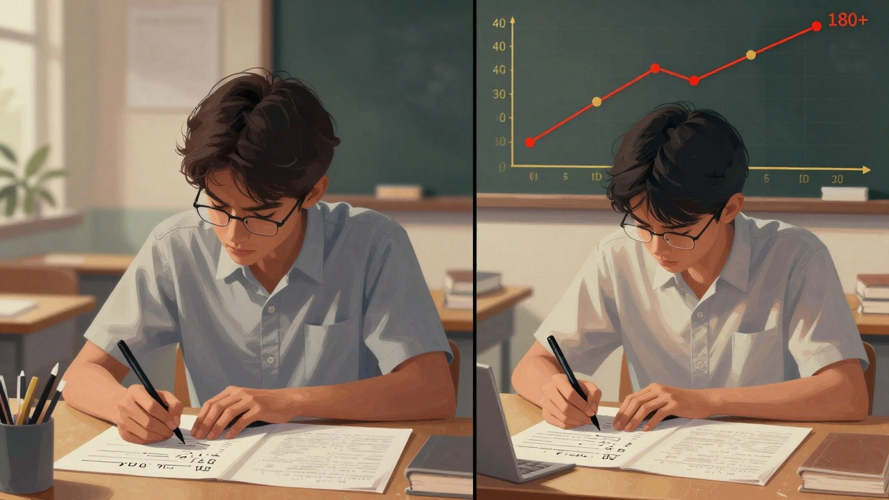 A student solving physics problems and taking a mock test, with a chart showing score improvement.