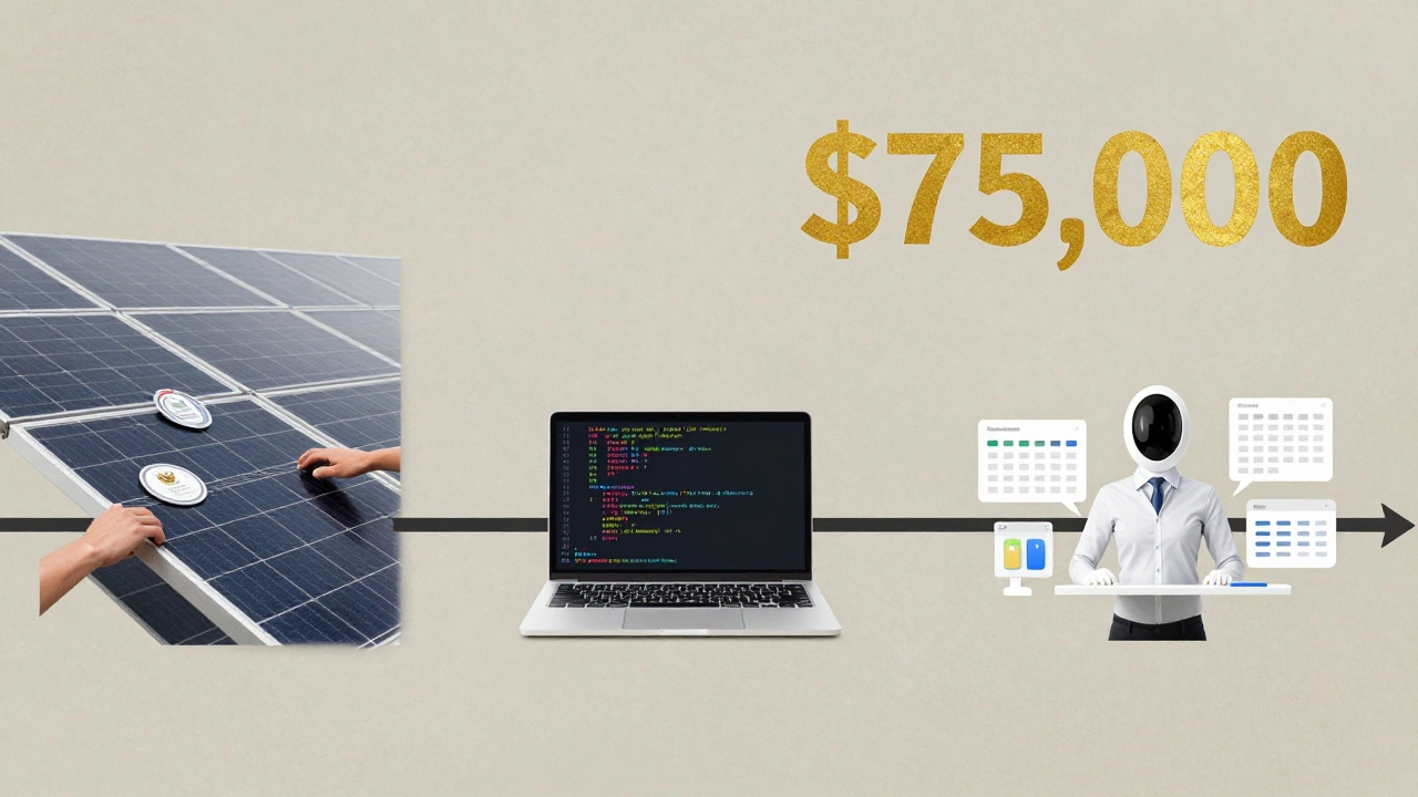 A visual timeline of three career paths—trades, tech, and digital skills—all leading to a ,000 income.