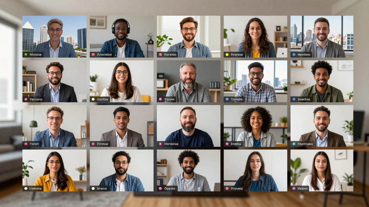 Diverse team in virtual meeting with global city backgrounds