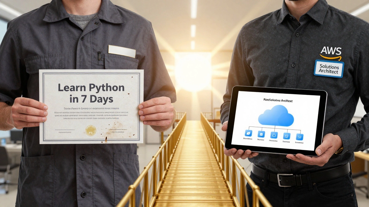 One person's career transformation from retail worker to certified cloud architect, shown as two diverging paths with symbolic bridge.
