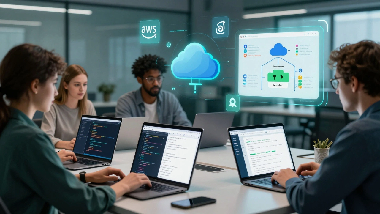 People working on laptops with digital certification icons, coding and analyzing data in a co-working space.