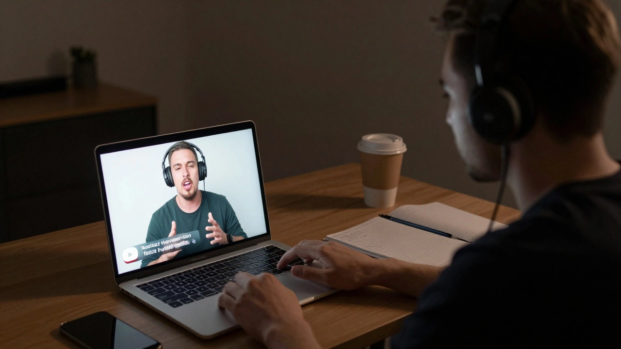 Someone practicing shadowing by repeating English speech from a laptop screen with headphones on.