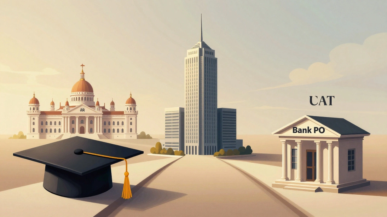 Three career paths symbolized from a graduation cap: palace, skyscraper, and bank branch.