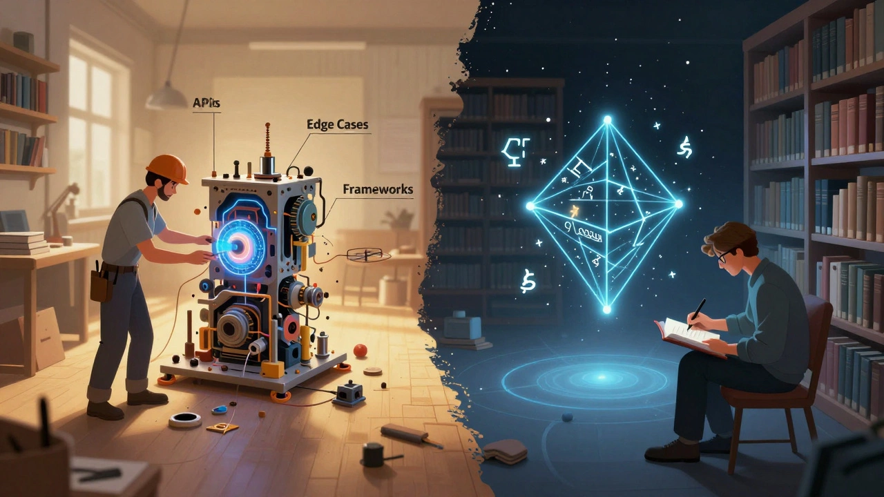 Two parallel worlds: one of messy code construction, the other of serene mathematical proof in abstract space.