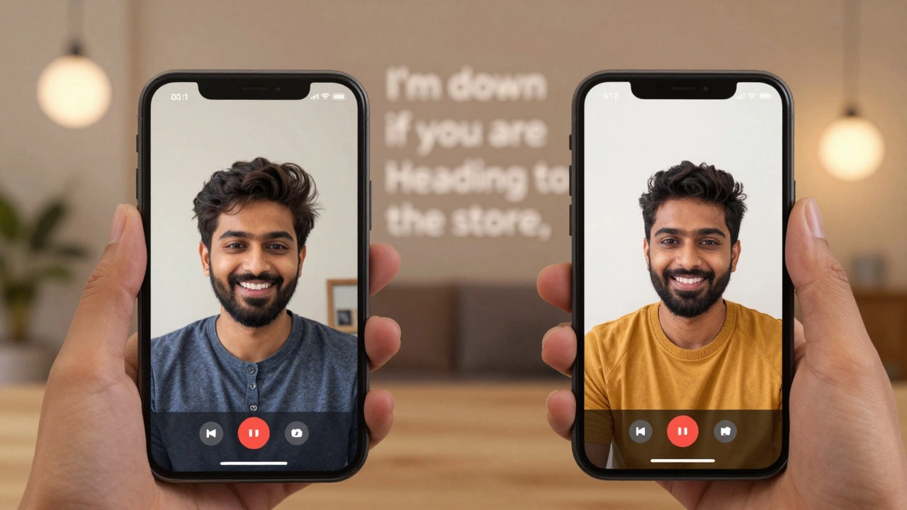 Two people on a video call engaging in a friendly language exchange, smiling and chatting naturally.