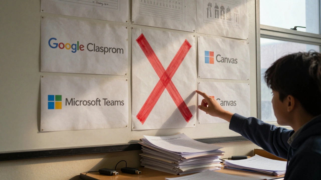 A classroom wall with competing learning platforms, one faded and crossed out, a student reaching for scattered papers.