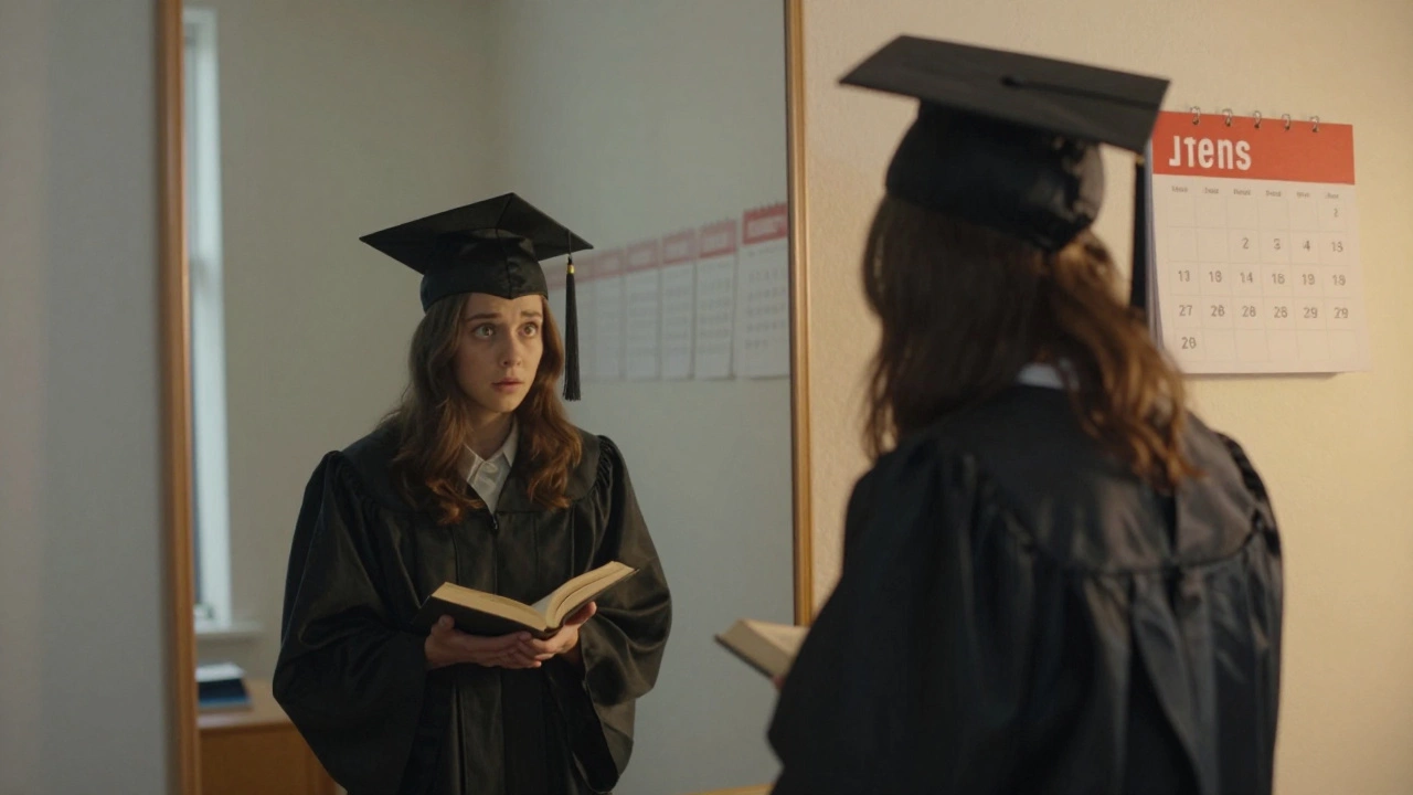 A person in graduation attire sees a ghostly reflection of themselves studying, symbolizing lost time.