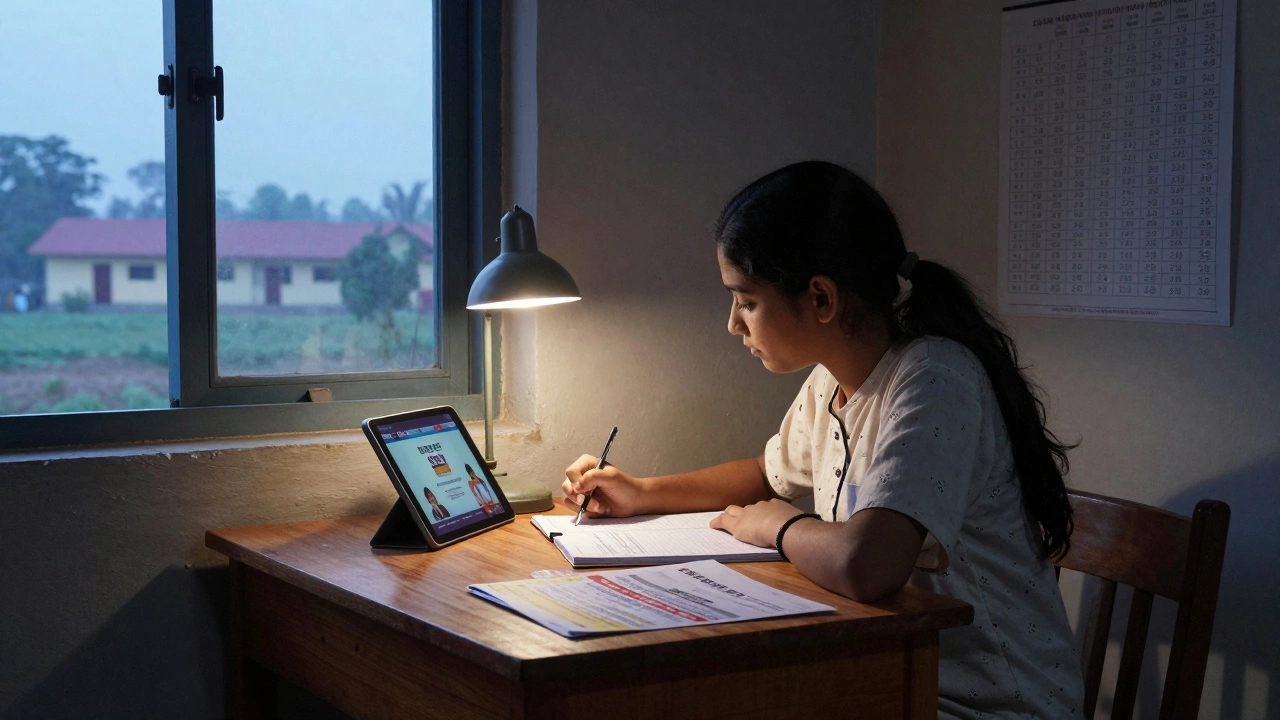A rural girl in Bihar studying NEET from a tablet at home, with scholarship documents and a lamp lighting her desk.