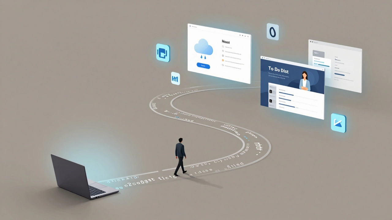 A symbolic path of code leading to three floating web projects, with learning tools represented as icons.