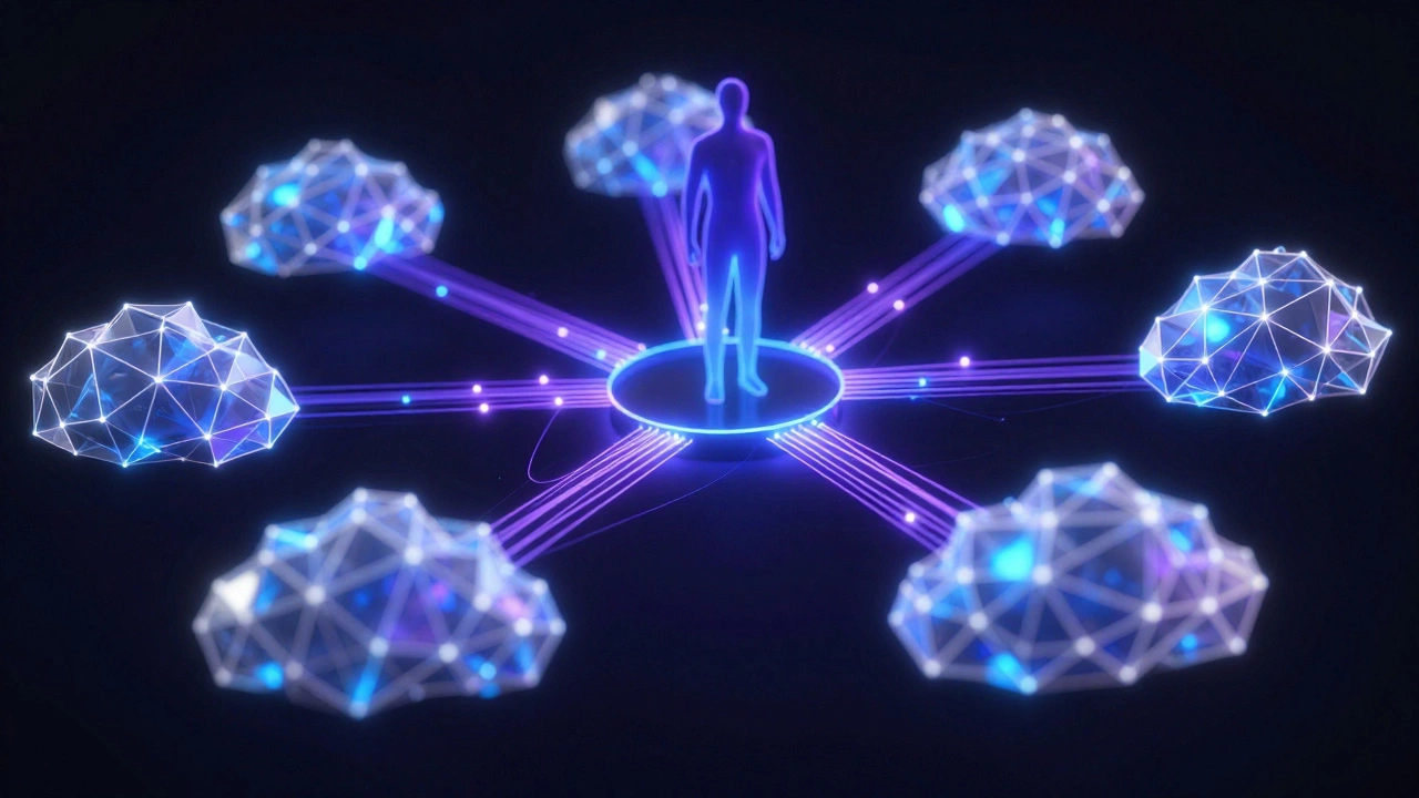 Abstract glowing network nodes connecting to silhouette figure.